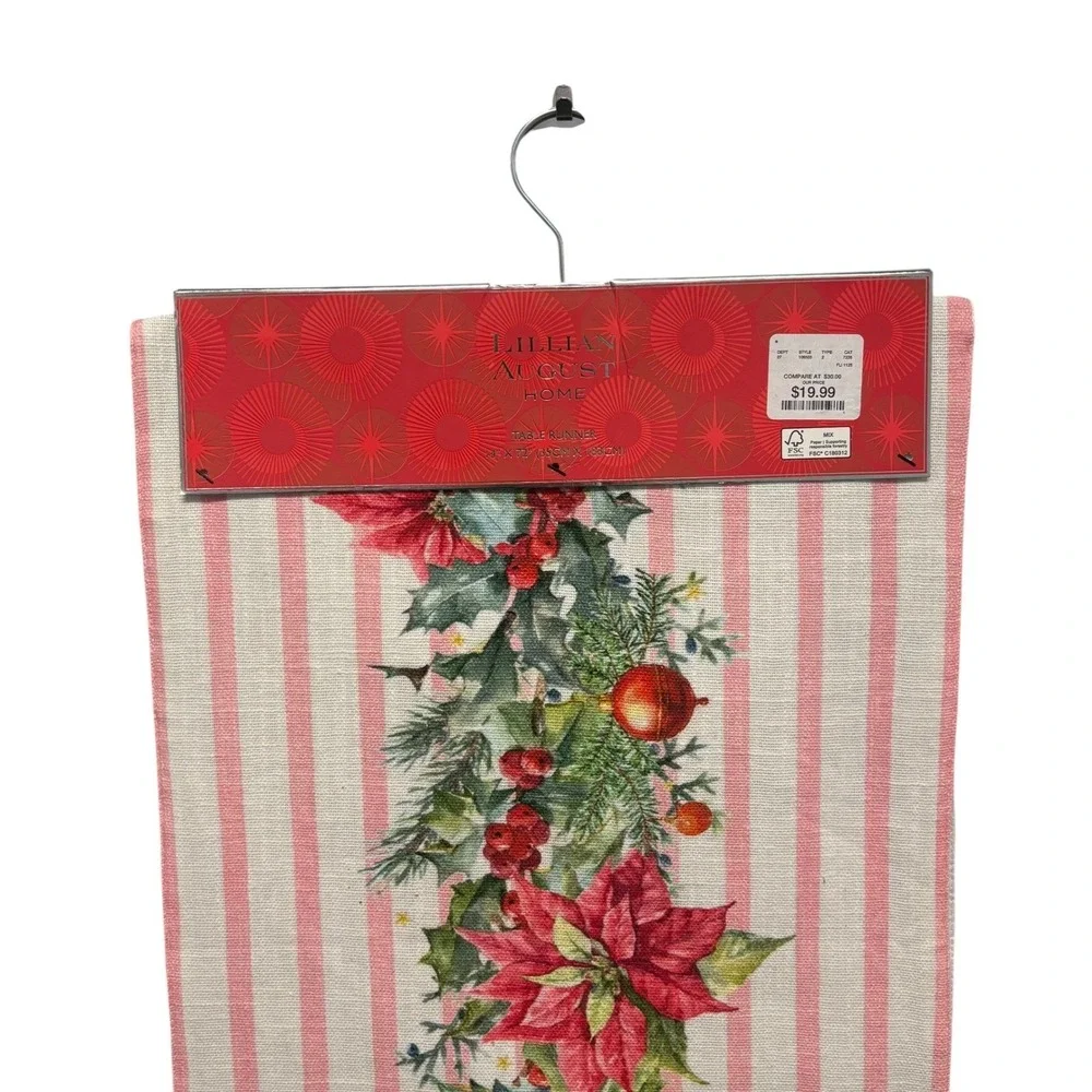 Lillian August Home Christmas Poinsettia Striped Table Runner Pink Red 14x72 NEW